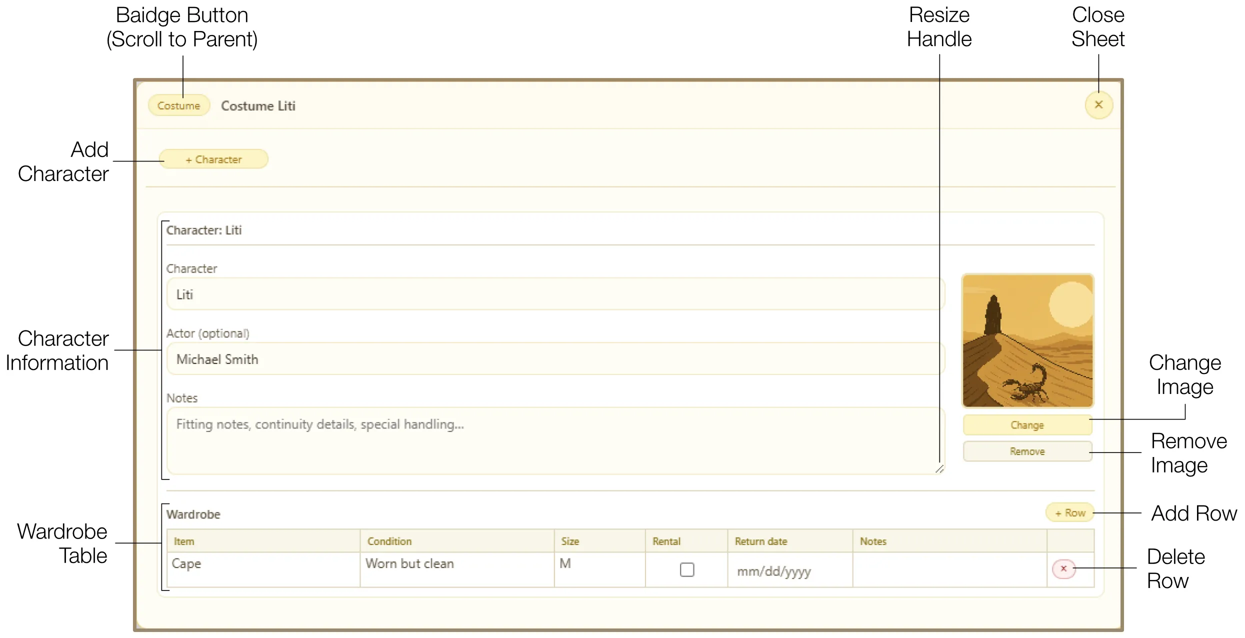 Costume spreadsheet detailed wardrobe tracking with rental dates and notes